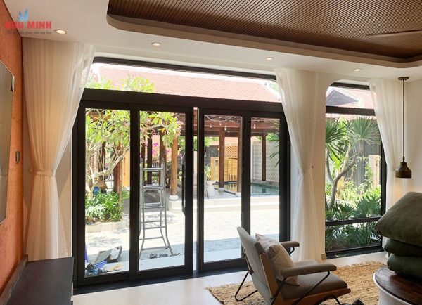 Rèm vải 2 lớp lắp villa tại Đà Nẵng - Mẫu rèm vải chống nắng tuyệt đối màu xám ghi mã THD10