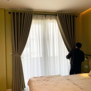Rèm vải 2 lớp lắp căn hộ tại Đà Nẵng - Mẫu rèm vải màu ghi mã NM18