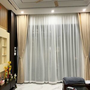 Rèm vải đẹp lắp phòng khách tại Đà Nẵng - Mẫu rèm vải 2 lớp màu kem mã NM244-10